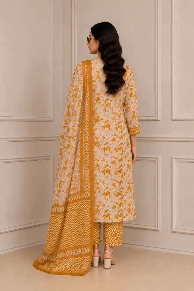 Women's Cotton Floral Printed A-Line Kurta with Pant and Dupatta Set  Back